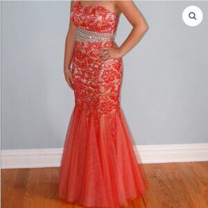 Panoply 44236 Prom Dress Women Size 12 Lace Overlay Tulle Trumpet Mermaid Glam